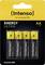 Pack de 4 piles alcalines AA 'Intenso Energy Ultra'. Piles noires avec borne positive jaune. Emballage : Jaune et noir.