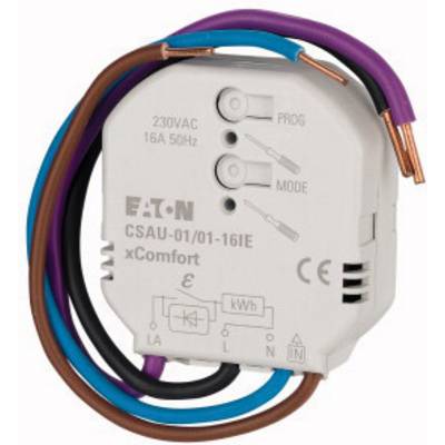 Un interrupteur intelligent d'Eaton de 230 V et 16 A, modèle CSAU-01/01-16IE, présenté avec des câbles de couleur pour le raccordement.