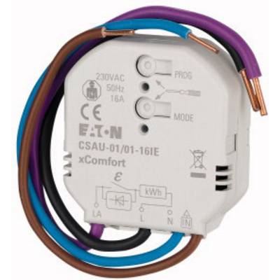 Un adaptateur de prise électrique blanc d'Eaton avec différents câbles de couleur et des détails techniques sur la face avant.