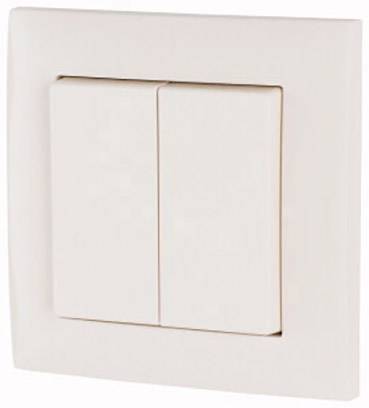 Un interrupteur double blanc dans une plaque murale. L'interrupteur comporte deux touches rectangulaires légèrement surélevées.