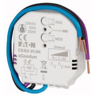 Un variateur universel blanc xComfort d'EATON pour 230 VAC, 50 Hz, 250 W avec des câbles bleus, noirs et violets.