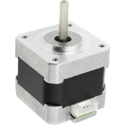 Un petit moteur pas à pas dans un boîtier métallique avec arbre visible et douille de connexion électrique, utilisé dans des appareils de précision.