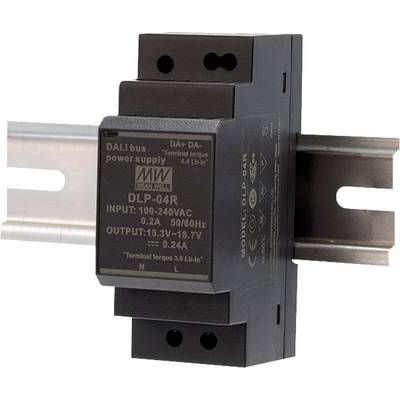 Bloc d'alimentation noir DALI pour bus, modèle 'DLP-04R', montage sur rail DIN, entrée 100-240 VAC, sortie 15,3V-18,7V, 0,24A.