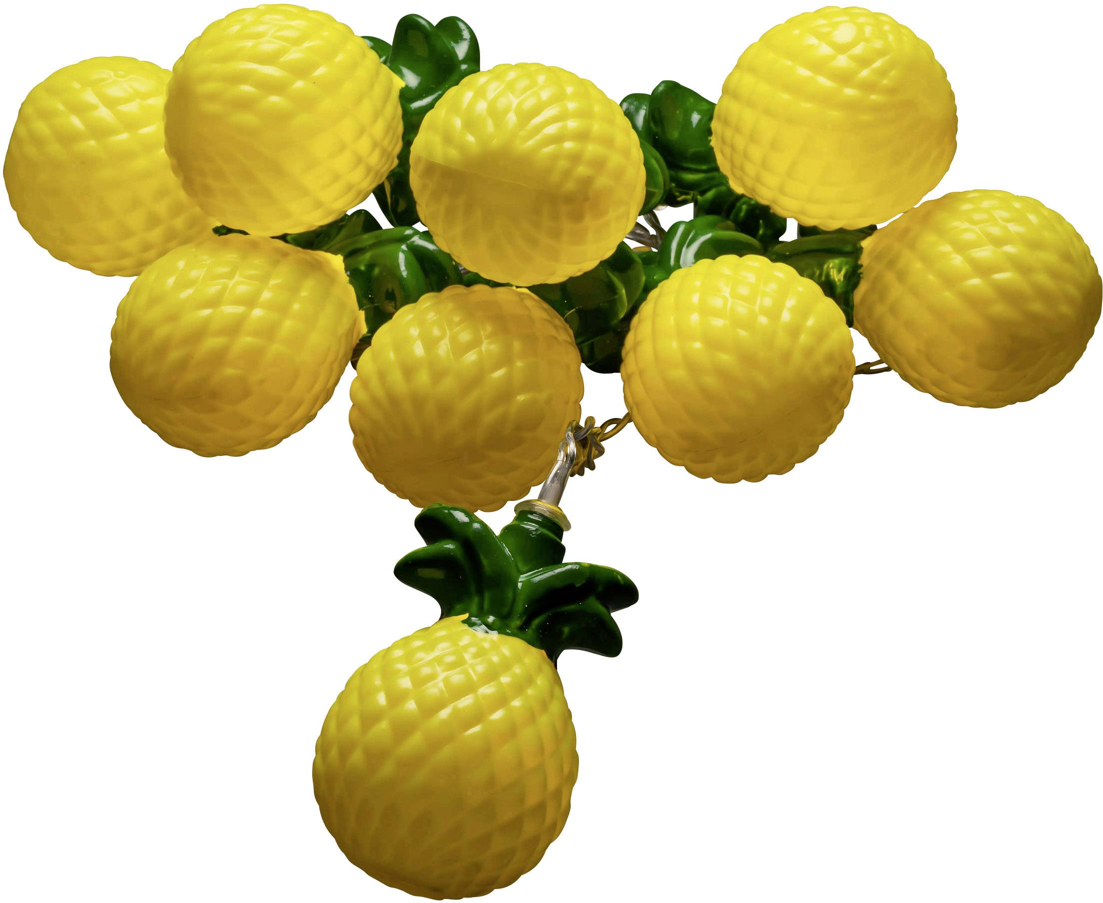 Dix lumières d'ananas jaunes avec des feuilles vertes forment une guirlande décorative.