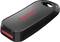 Une clé USB noire de SanDisk avec une écriture rouge, posée sur une surface blanche.
