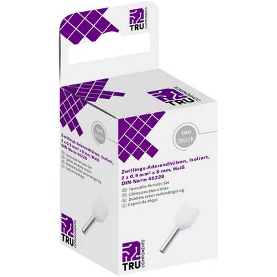 Emballage de 100 embouts de câble doubles isolés blancs, 0,5 mm² x 8 mm, conformes à la norme DIN 46228 de TRU Components.