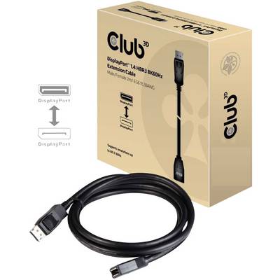 Emballage d'un câble Club 3D DisplayPort 1.4 avec support 8K60Hz. Présente le câble et les connecteurs sur la boîte.