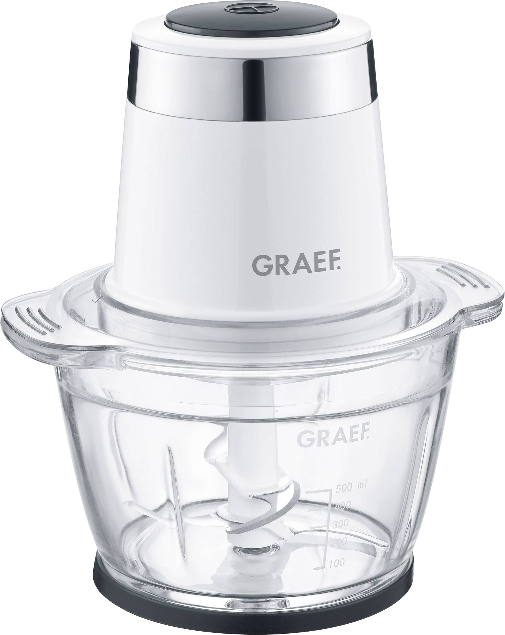 Un hachoir électrique blanc de la marque 'GRAEF' avec un récipient transparent et une lame de coupe, adapté aux travaux de cuisine.