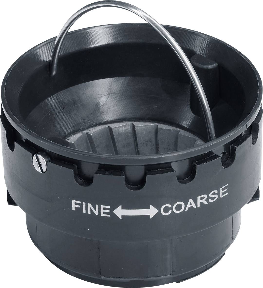 Réglage noir du degré de mouture des grains de café, avec une échelle allant de 'FIN' à 'GROSSIER', utilisé pour ajuster la finesse de la mouture.