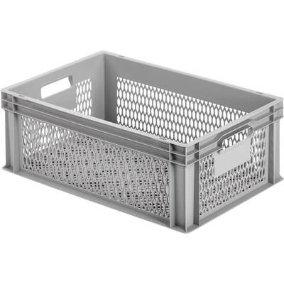 Boîte pliante grise en plastique rectangulaire, avec des côtés en motif alvéolaire et poignées intégrées.