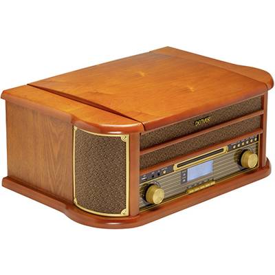 Radio en bois de style rétro avec des éléments de commande modernes et un affichage numérique sur la façade.