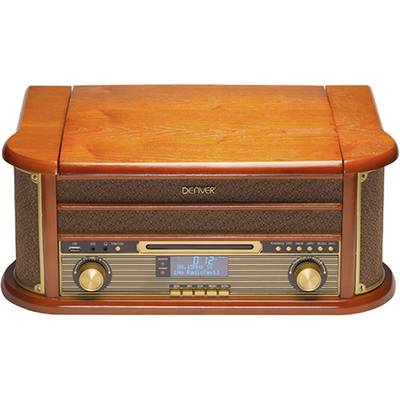 Un poste de radio rétro avec un boîtier en bois et des boutons dorés. L'écran affiche les informations de la station.