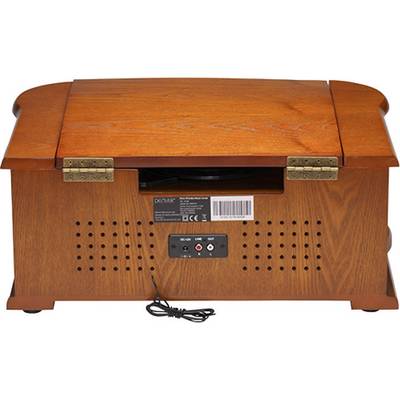 Vue arrière d'une platine vinyle rétro en bois avec des fentes de ventilation et des connexions audio.