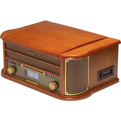 Une installation musicale rétro avec un boîtier en bois, une radio analogique, des haut-parleurs et un lecteur de cassettes.
