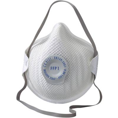 Masque de protection respiratoire FFP1, blanc, avec des bandes élastiques et une inscription bleue au centre. Protège contre les poussières non toxiques.