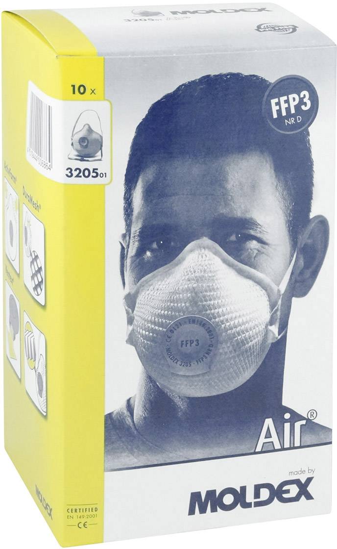 'Emballage du masque respiratoire Moldex FFP3, montrant un homme portant un masque. Contient 10 masques, numéro de modèle 3205, protection de haute qualité.'