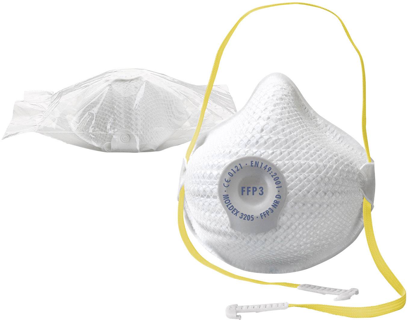Un masque de protection respiratoire FFP3 avec des bandes élastiques jaunes pour la fixation. À côté, un masque emballé dans un emballage transparent.