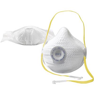 Un masque de protection respiratoire FFP3 avec des bandes élastiques jaunes pour la fixation. À côté, un masque emballé dans un emballage transparent.