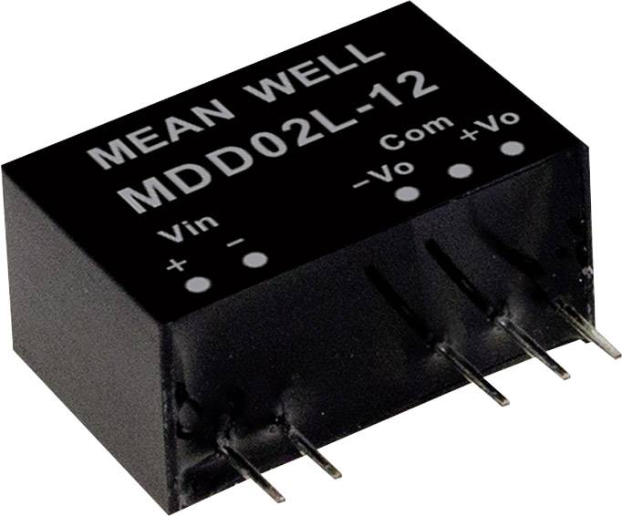 'Bloc électronique noir avec l'inscription MEAN WELL MDD02L-12' et connexions pour Vin, Com, -Vo, +Vo.'
