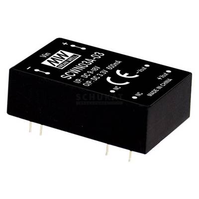 Un composant électronique noir, un convertisseur de tension continue de MW, modèle SCMI03A-03, avec ses données techniques et son marquage CE.