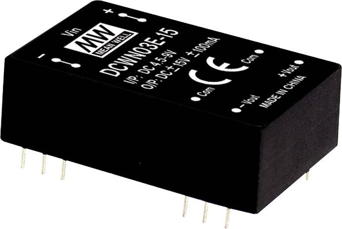 Convertisseur de tension continue 'Mean Well DCW03E-15', interface à quatre broches, entrée 4,5-9V, sortie 15V à 100mA, certifié CE.
