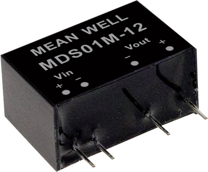 Module d'alimentation Mean Well MDS01M-12 à trois connexions : Vin (+/-), Vout (+/-), boîtier noir, pour la régulation électronique de tension.