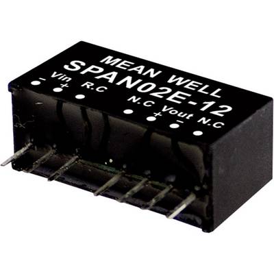 Un convertisseur de tension noir et rectangulaire de Mean Well, portant le numéro de modèle SPAN02E-12, montrant les bornes d'entrée et de sortie.