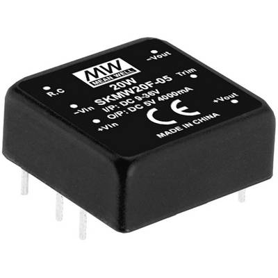 Un convertisseur de tension carré noir portant l'inscription 'MEAN WELL', modèle SKMW20F-05, d'une puissance de 20W, fabriqué en Chine.