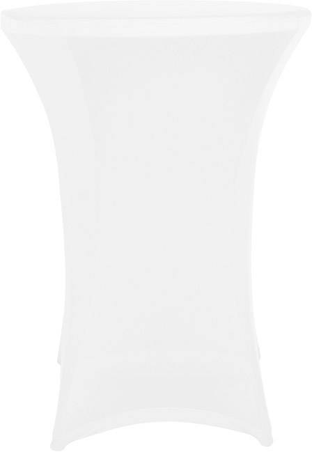 Une table haute de bistrot ronde avec une housse extensible blanche ajustée, allant jusqu'au sol. Idéale pour les événements et les réceptions.