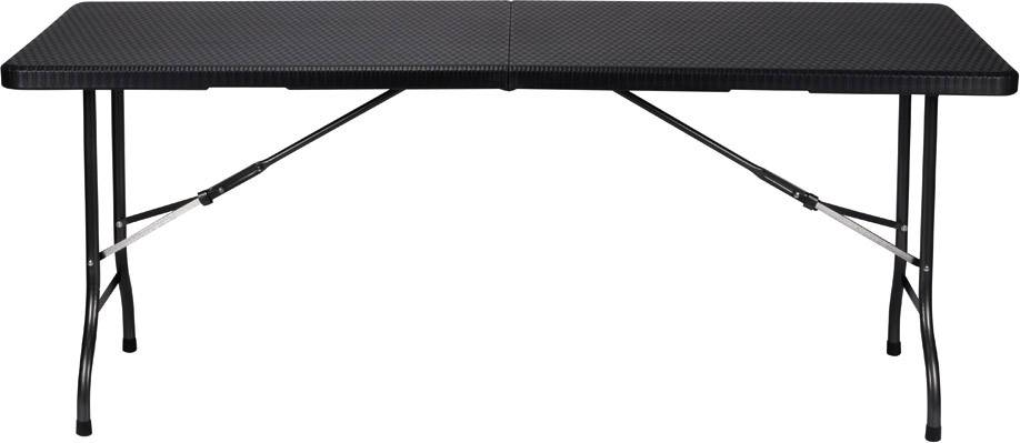 Une table pliante longue en plastique noir avec des pieds en métal, idéale pour les fêtes ou les événements.