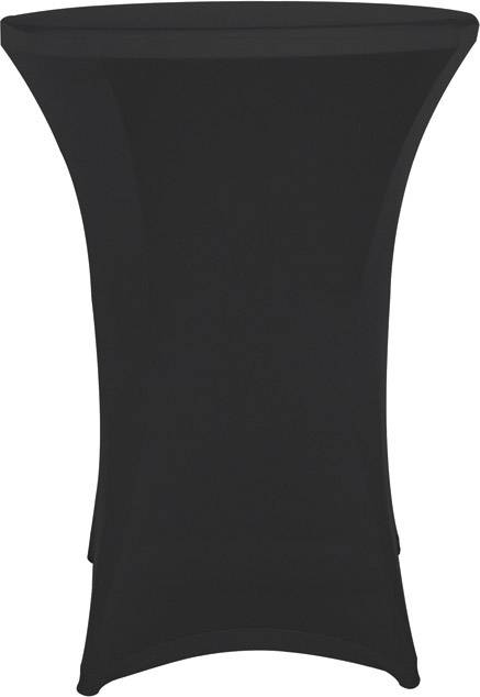 Une table haute noire recouverte d'une housse noire élastique et ajustée qui l'enveloppe complètement.