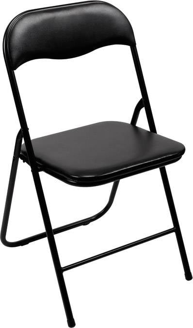 Une chaise pliante noire en métal avec un siège et un dossier rembourrés est représentée.