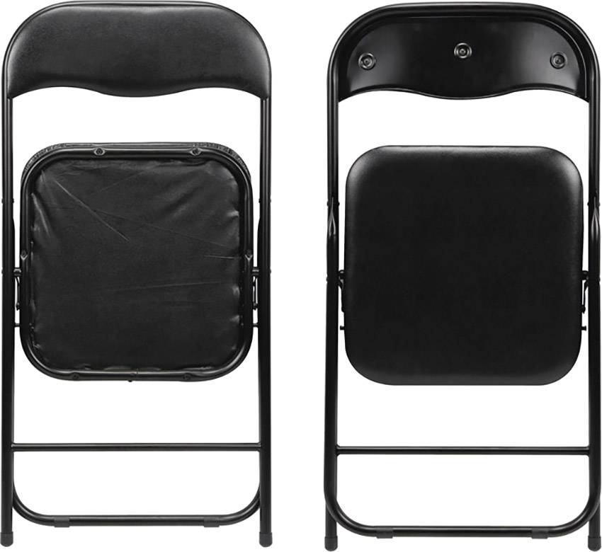 Deux chaises pliantes noires en métal. Les vues de face et de dos présentent le design du siège et du dossier. Idéales pour une utilisation économe en espace.