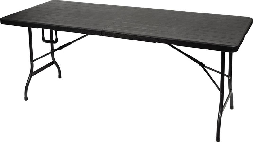 Une table pliante rectangulaire noire avec des pieds en métal, complètement dépliée, sur un fond blanc.