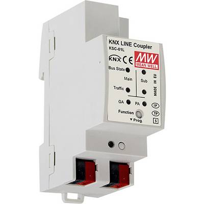 Un coupleur de ligne KNX blanc avec des connexions et des voyants d'état. Inscription : 'Mean Well' et certification CE. Adapté aux systèmes bus.