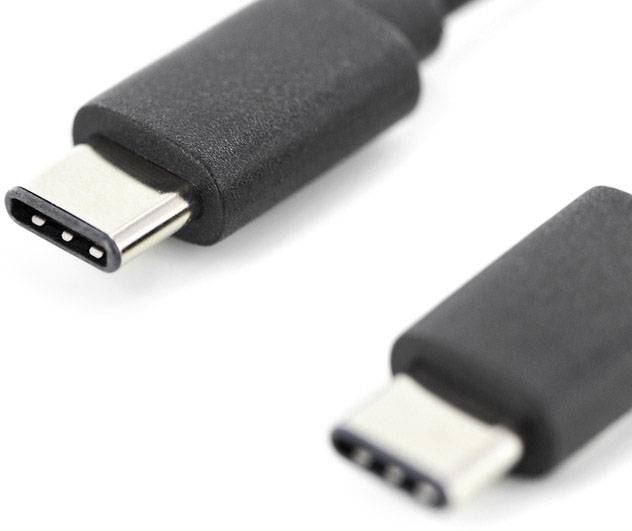 Deux fiches USB-C avec des gaines noires, l'une mise au point au premier plan et l'autre floue en arrière-plan.