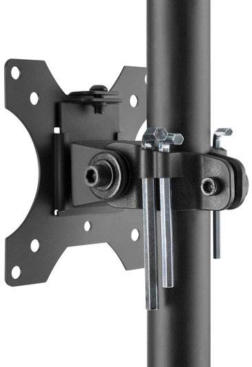 Support métallique pour téléviseur ou moniteur, fixé latéralement sur un tube vertical. Réglable à l'aide de vis.