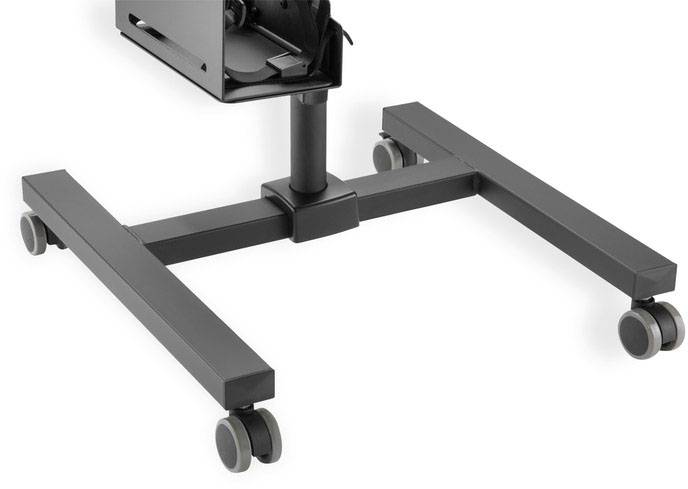 Un chariot roulant stable, noir, avec quatre roues, adapté au transport ou au support d'appareils. Idéal au bureau ou à la maison.