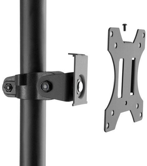 Support de moniteur noir avec bras ajustable, monté sur un poteau vertical, à côté d'une plaque VESA amovible.