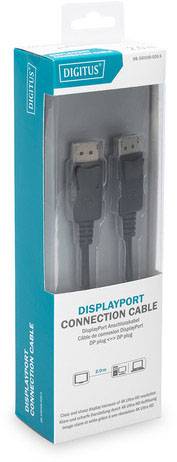 Câble de connexion DisplayPort en emballage. Montre deux fiches DisplayPort. L'emballage décrit l'application pour moniteurs ou projecteurs.