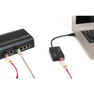 Un ordinateur portable est connecté à un périphérique réseau à l'aide d'un câble réseau. Les deux appareils sont visibles sur un fond blanc.