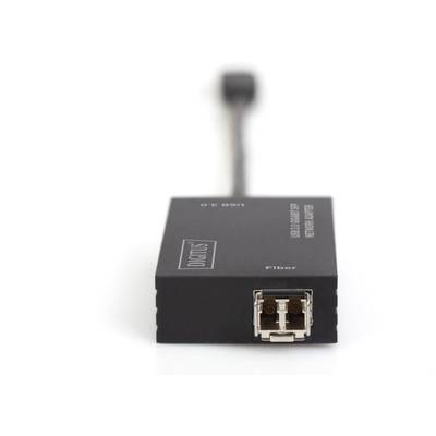 Un convertisseur USB vers fibre optique à deux ports, sur un fond blanc.