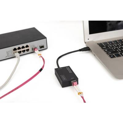 'Ordinateur portable connecté à un commutateur et un adaptateur réseau par câble.'
