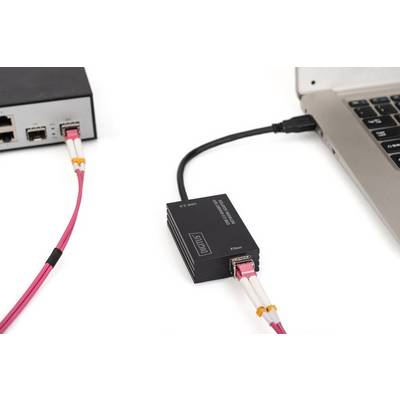 Un convertisseur relie un ordinateur portable à un périphérique réseau. Un câble à fibre optique conduit à l'ordinateur portable, tandis qu'un câble Ethernet connecte le périphérique réseau.