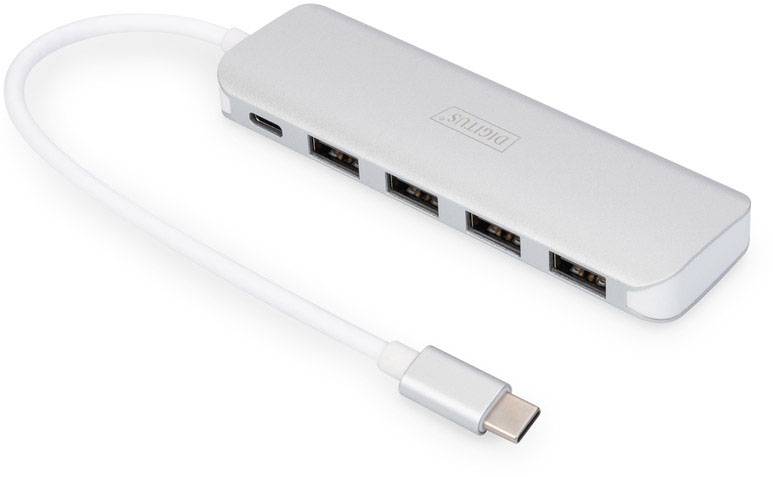 Hub USB-C avec quatre ports USB et un port USB-C, boîtier argenté.