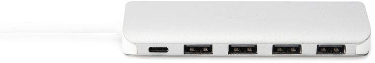 Hub USB avec cinq ports : un port USB-C à gauche et quatre ports USB-A à droite.