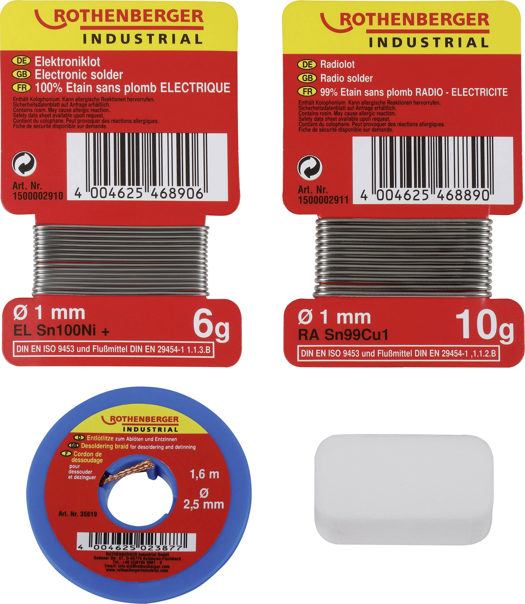 'Étain à souder en deux variantes : 6g et 10g, ainsi que graisse à souder 15g de Rothenberger Industrial, chacun avec des spécifications d'application.'