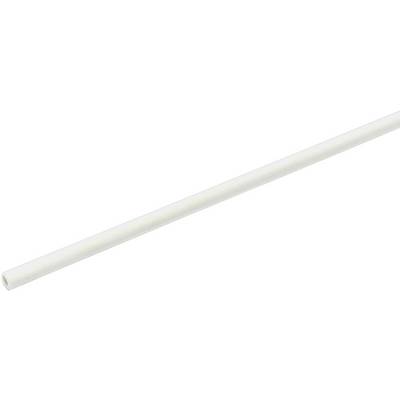 Une longue tige en plastique blanche repose en diagonale sur un fond blanc. La tige a une section circulaire.