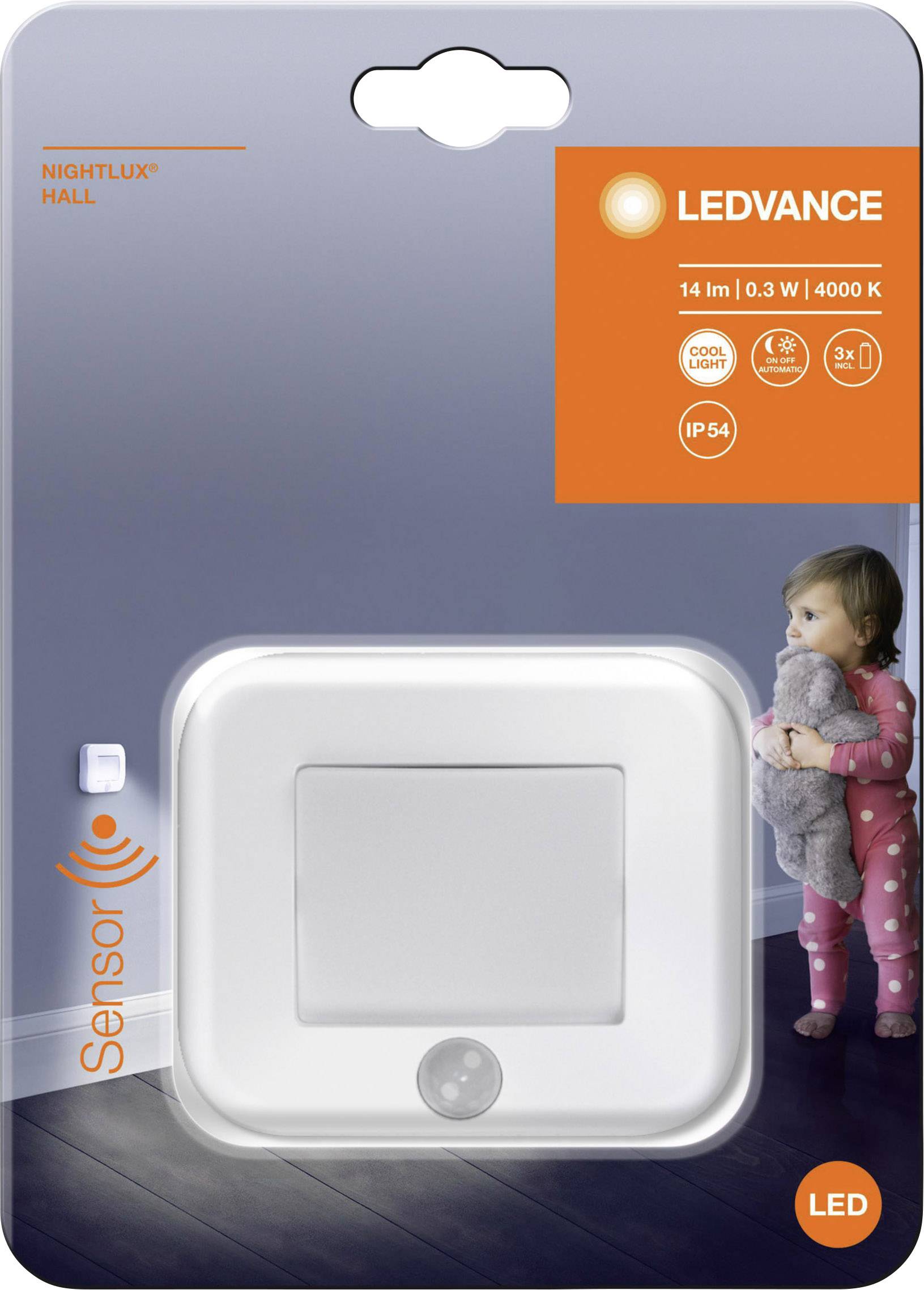 Emballage de lampe avec détecteur de mouvement de Ledvance, illustrée par un enfant en pyjama tenant un animal en peluche.