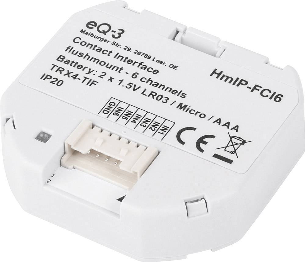 Un périphérique d'interface blanc de eQ-3 portant l'inscription 'HmIP-FCI6'. Il contient des détails techniques et est conçu pour une installation murale.
